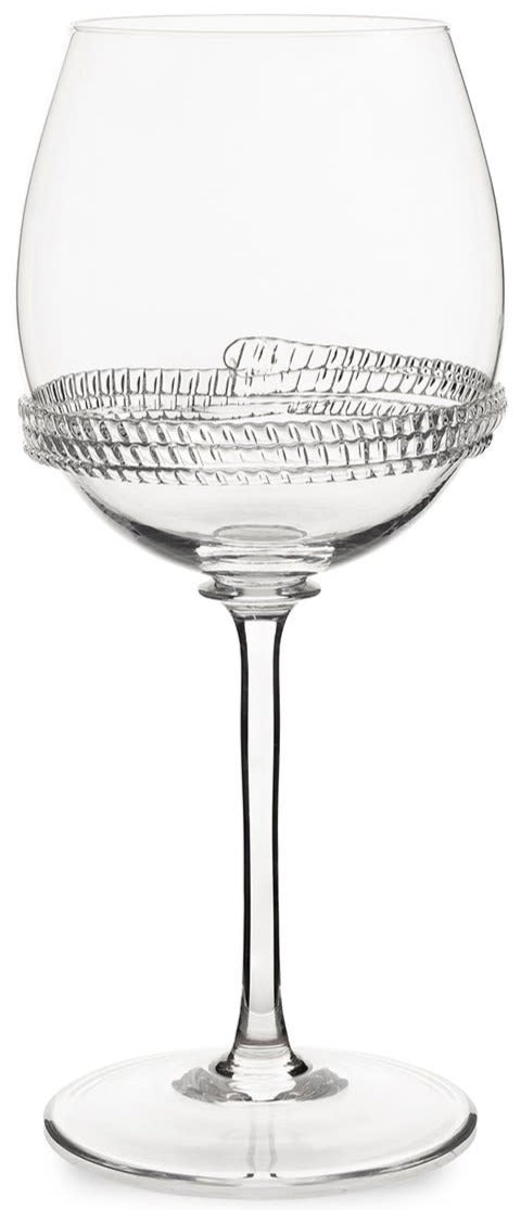 The Juliska Dean Drinkware Collection features mouth-blown wine glasses with a clear finish and a decorative, textured band wrapping around the lower half of the bowl.