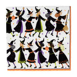 Witches Conga Line by Caspari features twelve witches dancing in two rows with festive stars, pumpkins, and a broomstick—perfectly depicted on triple-ply napkins beautifully printed in Germany.