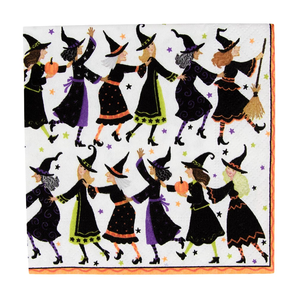 Witches Conga Line by Caspari features twelve witches dancing in two rows with festive stars, pumpkins, and a broomstick—perfectly depicted on triple-ply napkins beautifully printed in Germany.