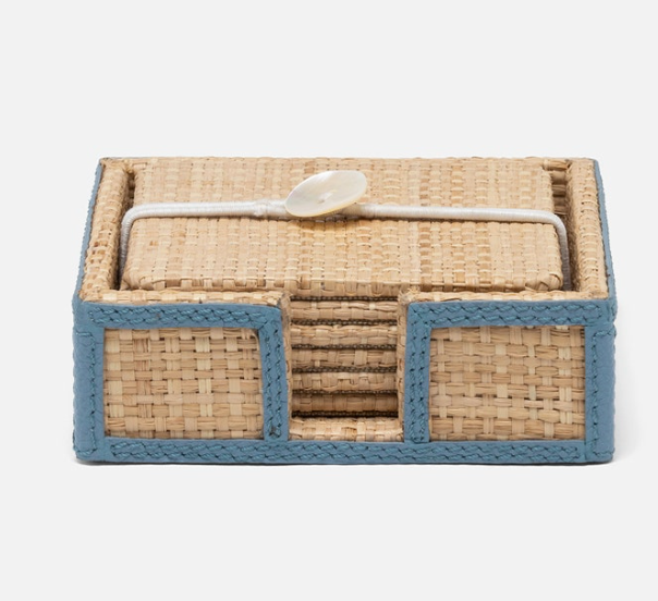 The Gable Natural/White Barware Collection by Blue Pheasant features a rectangular woven box with blue border, leather trim, open front, and lid secured by white cord and button.