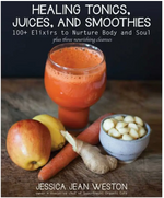 A glass of orange juice sits next to an apple, a peach, a piece of ginger, and a small bowl of macadamia nuts on a wooden surface—an inviting arrangement that suggests flavorful juices and restorative tonics. The book title “Healing Tonics, Juices, and Smoothies” and the brand name “Simon & Schuster” are overlaid on the image.