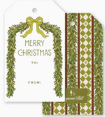 Charleston Etoile Gift Tags: one featuring a pine garland arch with “Merry Christmas” text, the other with a green and white diamond pattern and vertical pine garlands.