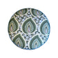 Round cushion featuring a green and white leaf pattern with light blue floral accents on a white background, ideal as an accent for your Highland House Grant Swivel Ottoman, shown from above.