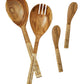 The Wood & Wicker Wrapped Serving Collection by Two's Company features four Acacia wood pieces with woven handles—a spoon, fork, and two spreading knives—perfect for adding rustic charm to your table setting.
