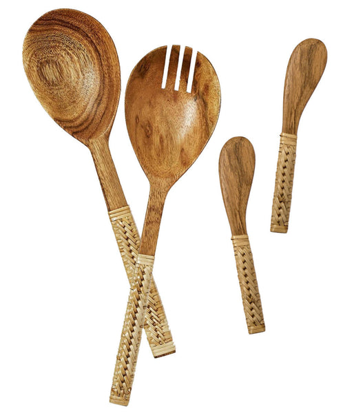 The Two's Company Wood & Wicker Wrapped Serving Collection includes four rustic Acacia Wood kitchen utensils: two large spoons (one slotted) and two smaller ones, all with intricately woven handle designs.