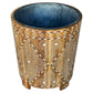 The Bojay Large Wood and Bone Planter is a cylindrical wooden piece with intricate white geometric and floral inlay, plus a metal-lined interior, bringing elegant style to your space.