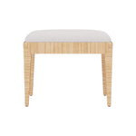 The Wren Bench by Made Goods features a wooden frame with four legs and a padded Alsek White seat cushion made from high-performance fabric, shown against a white background.