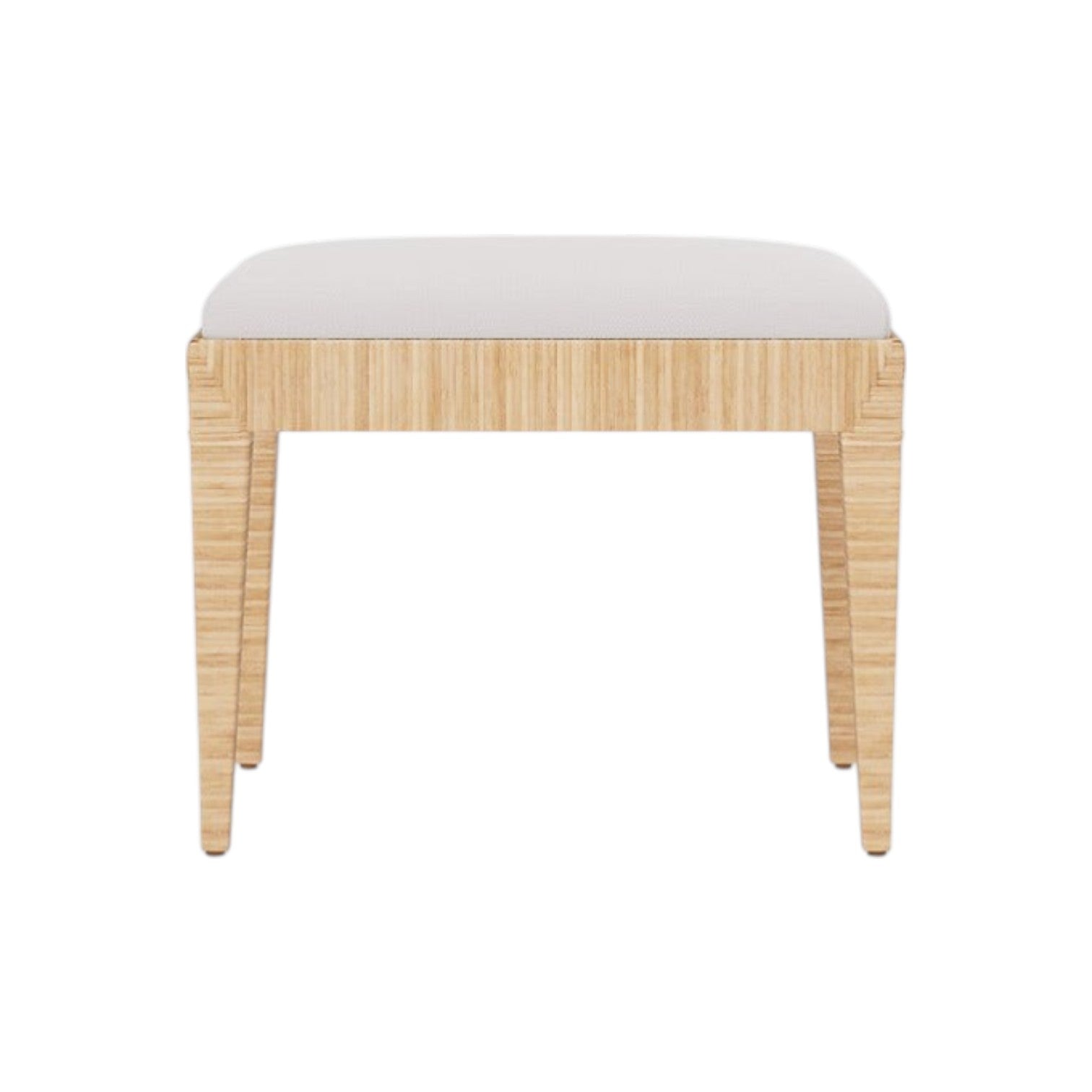 The Wren Bench by Made Goods features a wooden frame with four legs and a padded Alsek White seat cushion made from high-performance fabric, shown against a white background.