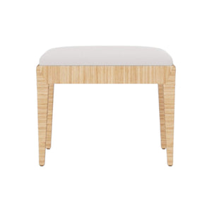 The Wren Bench by Made Goods features a wooden frame with four legs and a padded Alsek White seat cushion made from high-performance fabric, shown against a white background.