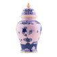 The Oriente Italiano Azalea Serveware & Decor Collection by Ginori 1735 features porcelain vases with lids, adorned with pink and blue floral patterns and gold accents for timeless elegance in your home.