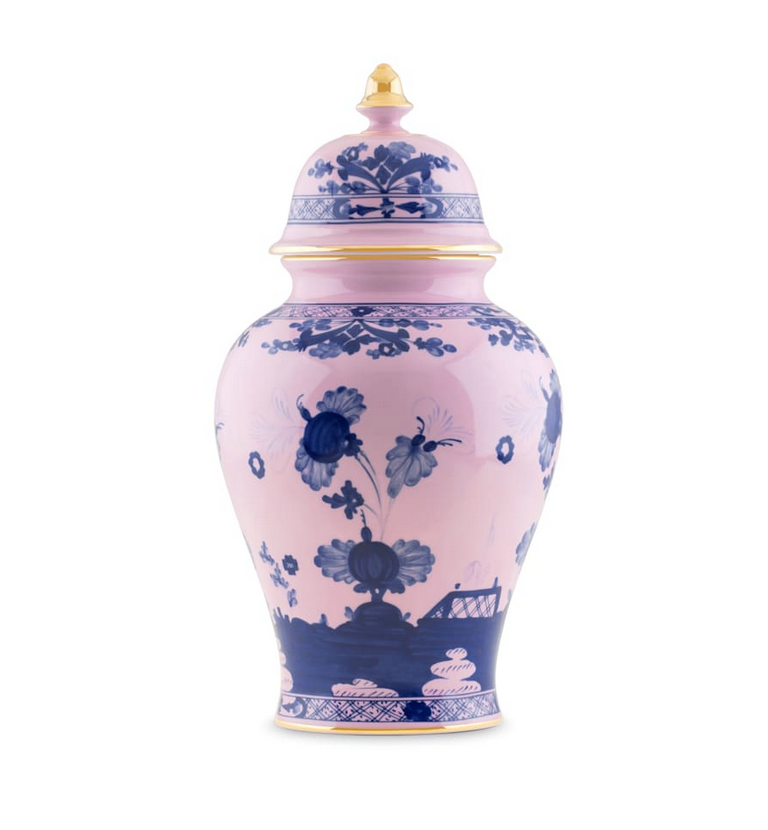 The Oriente Italiano Azalea Serveware & Decor Collection by Ginori 1735 features porcelain vases with lids, adorned with pink and blue floral patterns and gold accents for timeless elegance in your home.