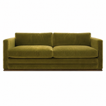 The Marquesa Sofa by Hickory Chair is a modern green velvet sofa with straight arms, two seat cushions, and two back cushions, set against a plain white background—a luxurious statement piece for any contemporary space.