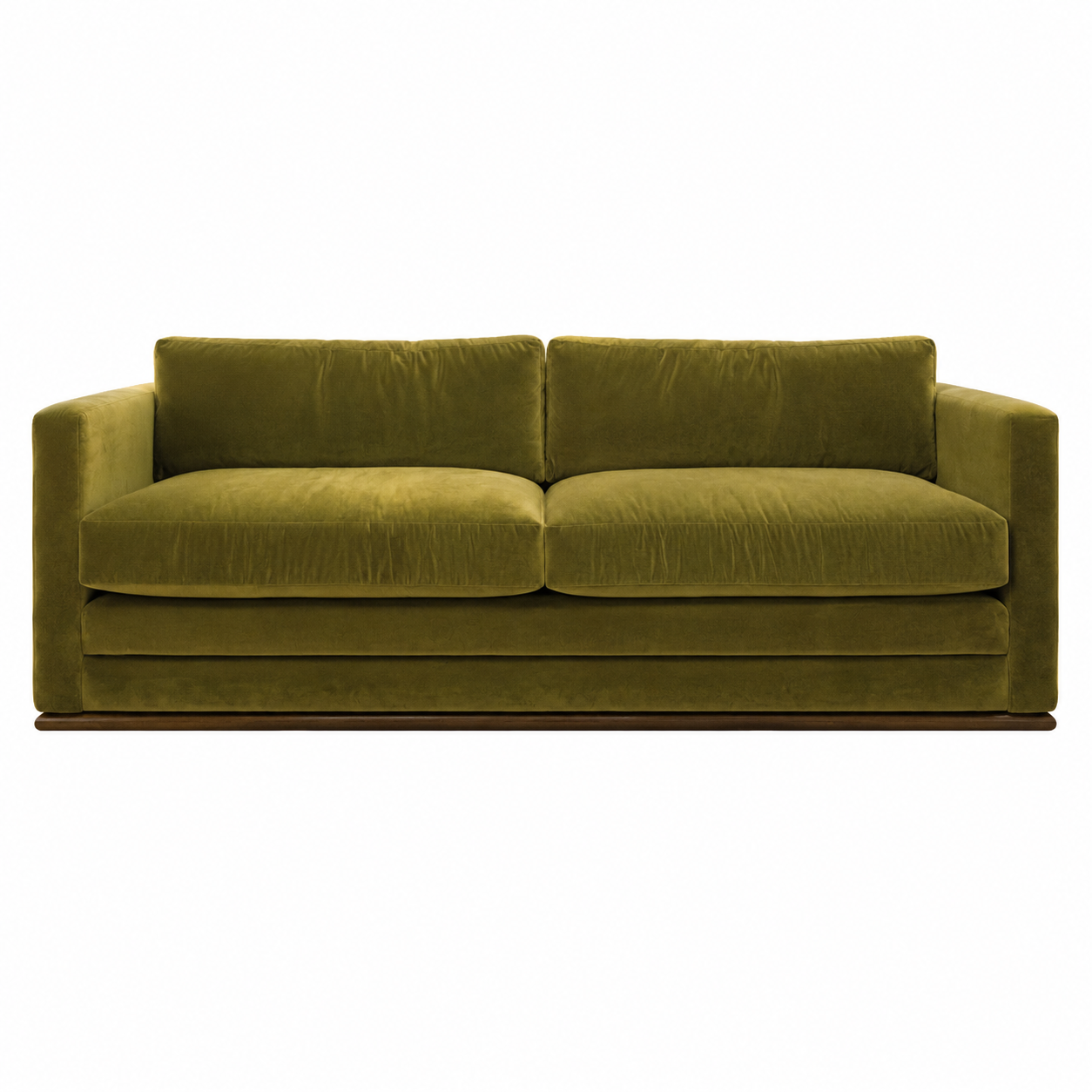 The Marquesa Sofa by Hickory Chair is a modern green velvet sofa with straight arms, two seat cushions, and two back cushions, set against a plain white background—a luxurious statement piece for any contemporary space.