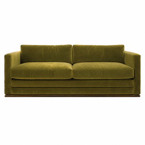 The Marquesa Sofa by Hickory Chair is a modern green velvet sofa with straight arms, two seat cushions, and two back cushions, set against a plain white background—a luxurious statement piece for any contemporary space.