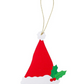 The Caspari Santa Hat Gift Tag Set features red cardstock Santa hats with white trim, holly leaves, and berries, hung by gold strings—ideal as decorative ornaments or die-cut hanging gift tags on a white background.