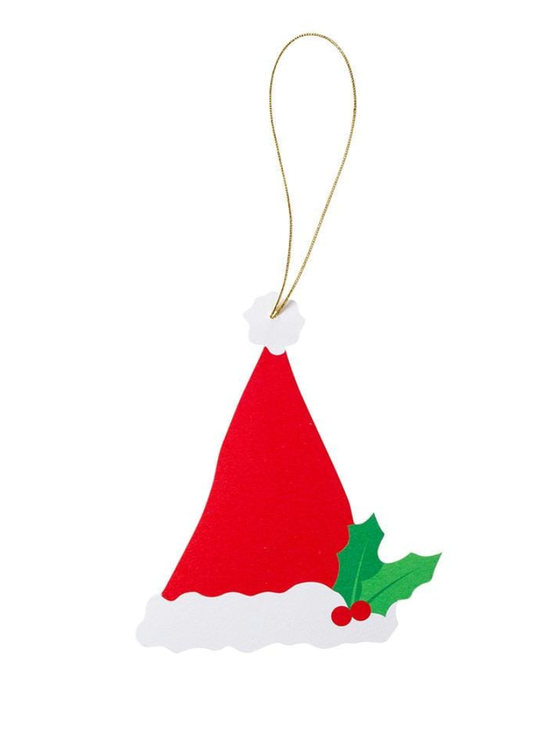The Caspari Santa Hat Gift Tag Set features red cardstock Santa hats with white trim, holly leaves, and berries, hung by gold strings—ideal as decorative ornaments or die-cut hanging gift tags on a white background.