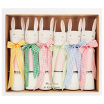 Meri Meri's Gingham Bow Bunny Crackers feature six pastel bunny-shaped crackers with gingham bows in yellow, green, blue, and pink—perfectly boxed for charming spring or Easter table decor.