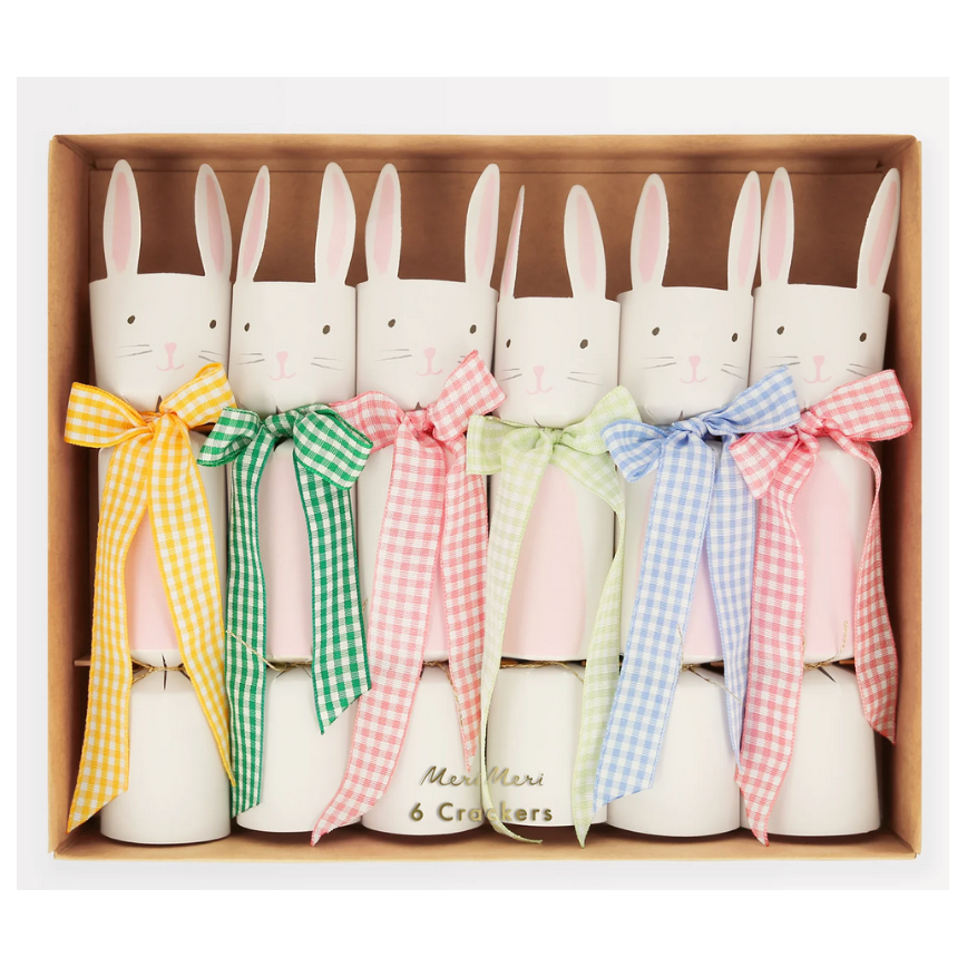 Meri Meri's Gingham Bow Bunny Crackers feature six pastel bunny-shaped crackers with gingham bows in yellow, green, blue, and pink—perfectly boxed for charming spring or Easter table decor.