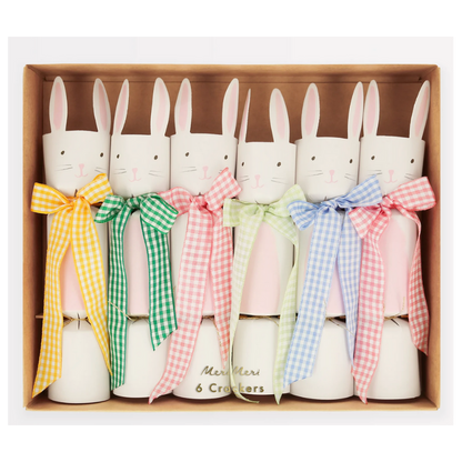 Meri Meri's Gingham Bow Bunny Crackers feature six pastel bunny-shaped crackers with gingham bows in yellow, green, blue, and pink—perfectly boxed for charming spring or Easter table decor.