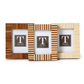 The Stacks Mini Frame Collection by Two's Company features three handcrafted mango wood mini frames with brown and cream striped designs, each displayed side by side holding a placeholder image.