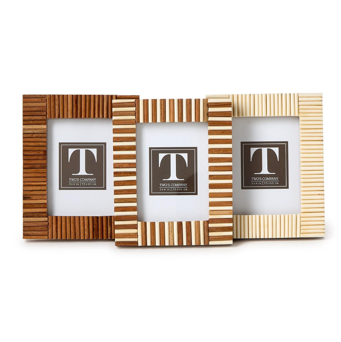 The Stacks Mini Frame Collection by Two's Company features three handcrafted mango wood mini frames with brown and cream striped designs, each displayed side by side holding a placeholder image.
