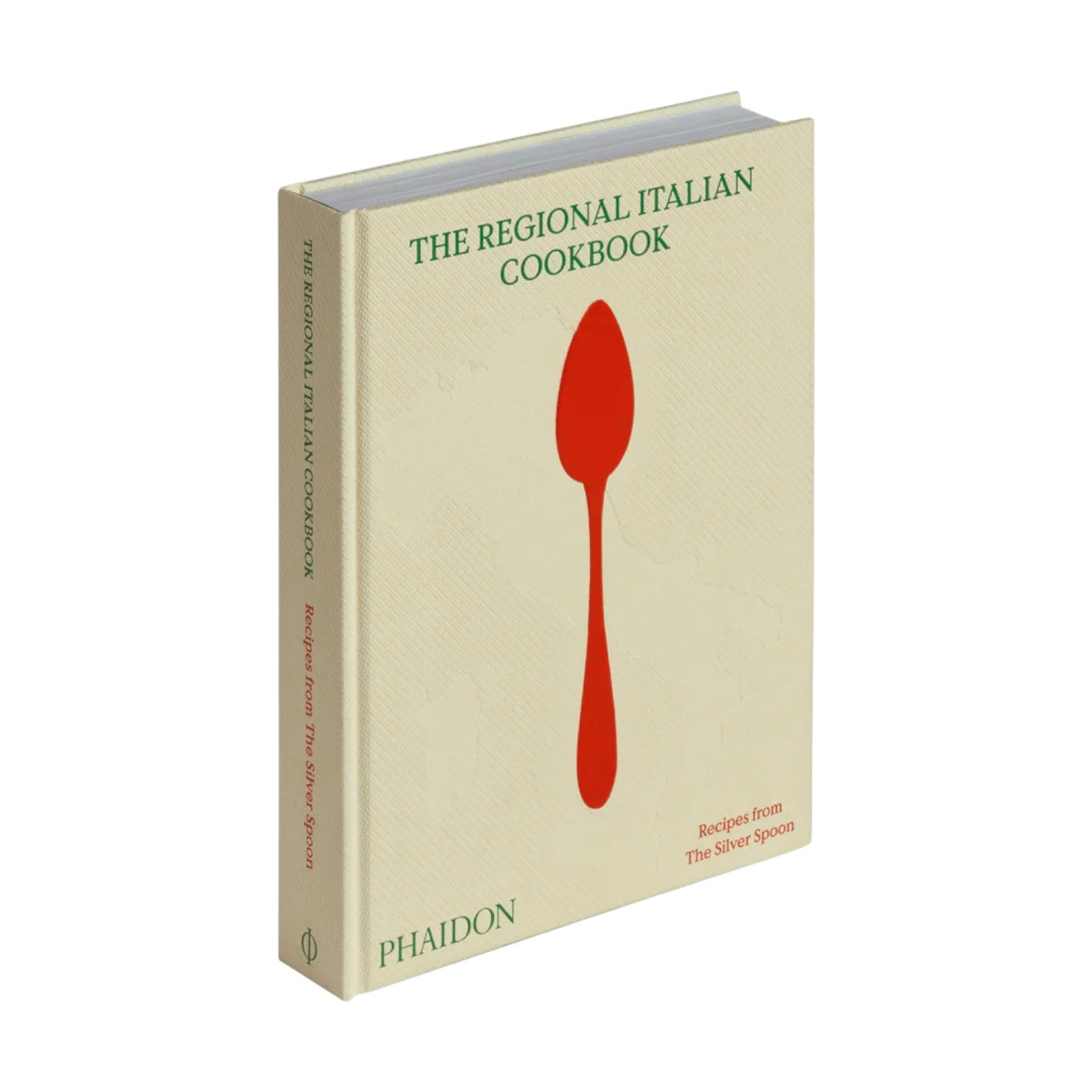 The Regional Italian Cookbook by Phaidon is a hardcover book with a cream cover featuring a red spoon, inspired by The Silver Spoon, and offers authentic Italian recipes.