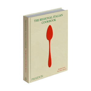 The Regional Italian Cookbook by Phaidon is a hardcover book with a cream cover featuring a red spoon, inspired by The Silver Spoon, and offers authentic Italian recipes.