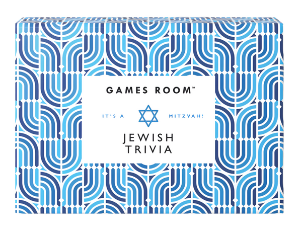 Box of "Jewish Trivia" by Chronicle Books, featuring a blue geometric pattern with a Star of David at the center. Explore Jewish life through engaging multiple-choice questions that make learning both fun and interactive.