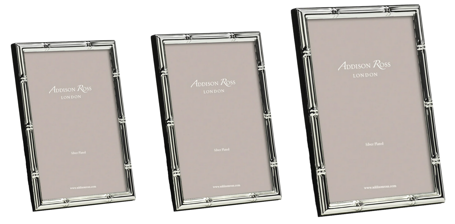 Three Addison Ross Bamboo Silver Plated Picture Frames in assorted sizes, shown upright and empty against a white background, add an elegant touch to any décor.