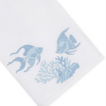 Deep Water Fish Bath Collection premium linen towel featuring blue embroidered fish and coral.