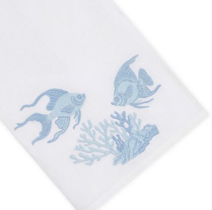 Deep Water Fish Bath Collection premium linen towel featuring blue embroidered fish and coral.