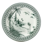 The Depareillees Vert Dinnerware and Serveware Collection by Gien France features a decorative ceramic plate with a monochrome landscape of palm trees, a mosque, people, and an ornate border—a unique accent for your table.