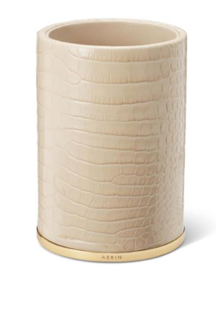The Aerin Classic Croc Leather Pencil Cup in Fawn features Italian leather with a crocodile-embossed texture and a gold-tone base, offering an elegant way to organize your desk.