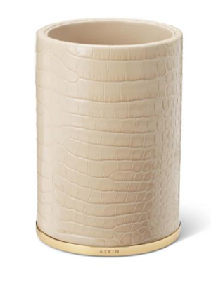 The Aerin Classic Croc Leather Pencil Cup in Fawn features Italian leather with a crocodile-embossed texture and a gold-tone base, offering an elegant way to organize your desk.