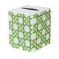 The Haute Home Cane Bath Collection features a white Italian linen tissue box cover with a green geometric lattice pattern and a rectangular opening on top.