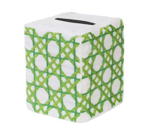 The Haute Home Cane Bath Collection features a white Italian linen tissue box cover with a green geometric lattice pattern and a rectangular opening on top.