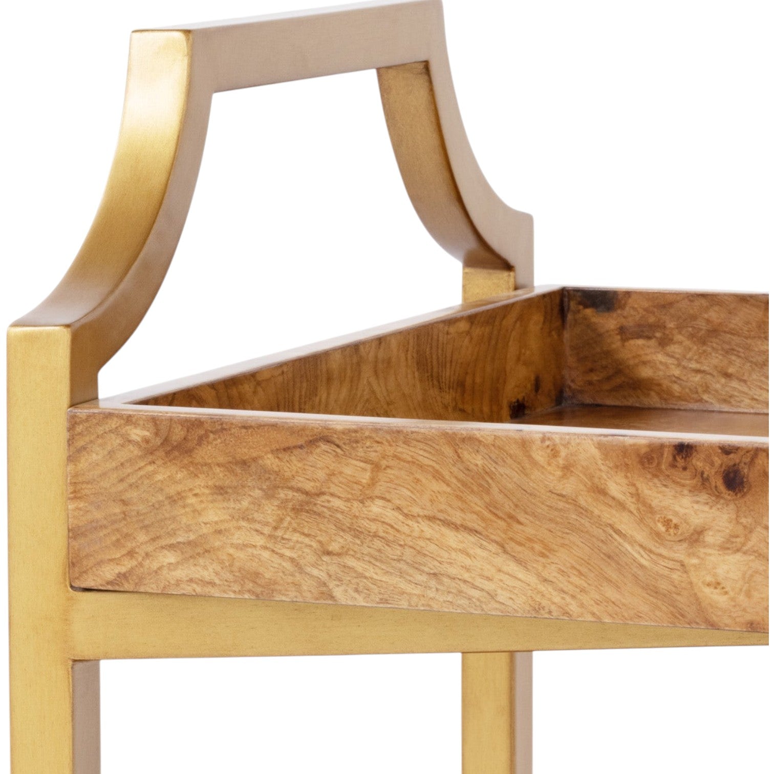 Close-up of the Montaro Bar Cart by Made Goods, highlighting its wooden top, gold metal handle, and painted metal frame for a stylish, modern touch.