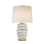 Phoebe Stacked Table Lamp featuring a tiered, reactive ceramic base and a tapered off-white A19 shade.