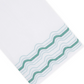 White premium linen hand towel from the Mod Bath Collection featuring a green wavy line pattern at the border.