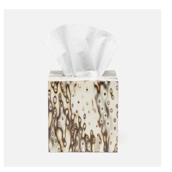 Square tissue box holder in a brown and cream birdseye burl veneer from the Pigeon & Poodle Bisbee Bath Collection.
