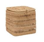 Pigeon & Poodle Reed Single Toilet Paper Holder, a square woven natural rattan box with a lid and a latch for sophisticated bathroom decor.