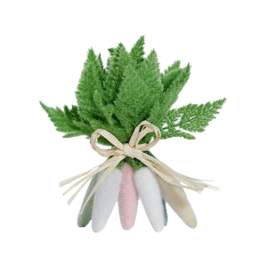 The Flocked Colored Carrot Cluster by One Hundred 80 Degrees features pastel plush carrots and fern-like leaves, tied with raffia—an ideal spring accent for your décor.