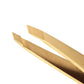 Close-up of the Tweezerman Ultra Precision Gold Slant Tweezer, featuring angled tips ideal for brow shaping, shown against a white background.