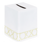 Elevate your home décor with the Haute Home Bamboozle Bath Collection tissue box cover, crafted from premium Italian linen. Featuring a white design with a top slot and a decorative geometric yellow and white border around the bottom edge, this elegant accessory adds a refined touch to any room.
