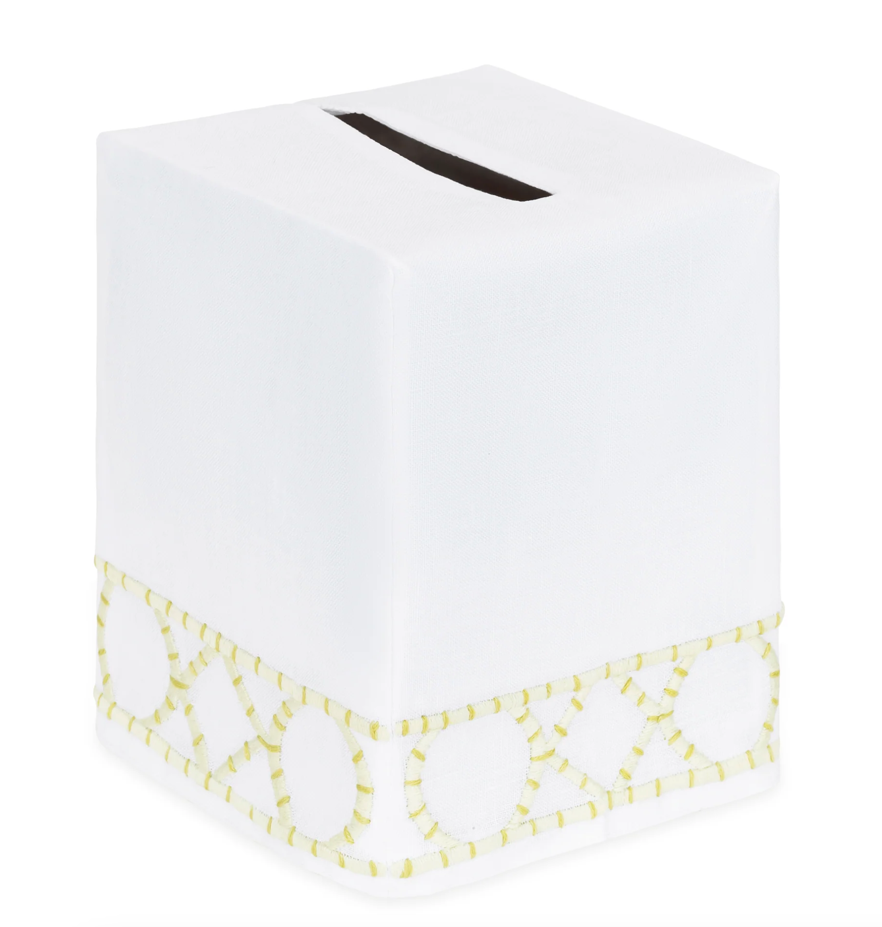 Elevate your home décor with the Haute Home Bamboozle Bath Collection tissue box cover, crafted from premium Italian linen. Featuring a white design with a top slot and a decorative geometric yellow and white border around the bottom edge, this elegant accessory adds a refined touch to any room.