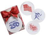 Celebrate America's 250th with Haute Papier's "America's 250th Coasters"—a gift box of four round, letterpressed coasters featuring patriotic designs, tied with a red bow. Perfect for commemorating this milestone!.