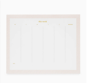 Introducing the Pink Bordered Weekly Pad by Sugar Paper—a large format planning pad designed with dedicated columns for Monday through Friday, a shared weekend section, and a compact “ETC.” box in the bottom left corner. Perfect for keeping your entire week organized at a glance, this planner also offers extra space for notes or an optional daily menu to help streamline your schedule.