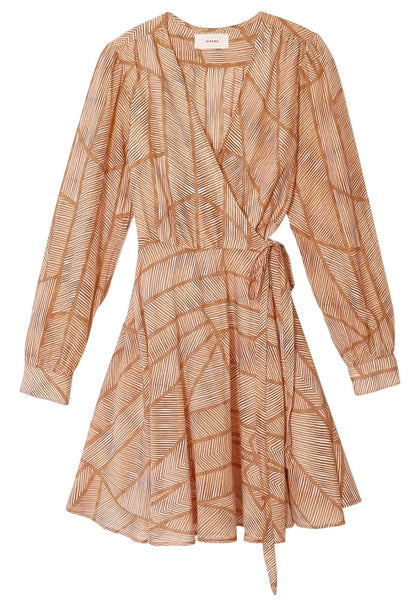 Women's Xirena Kinney Dress in beige and white stripes, made of silk cotton with a v-neckline and long sleeves, displayed on a white background.