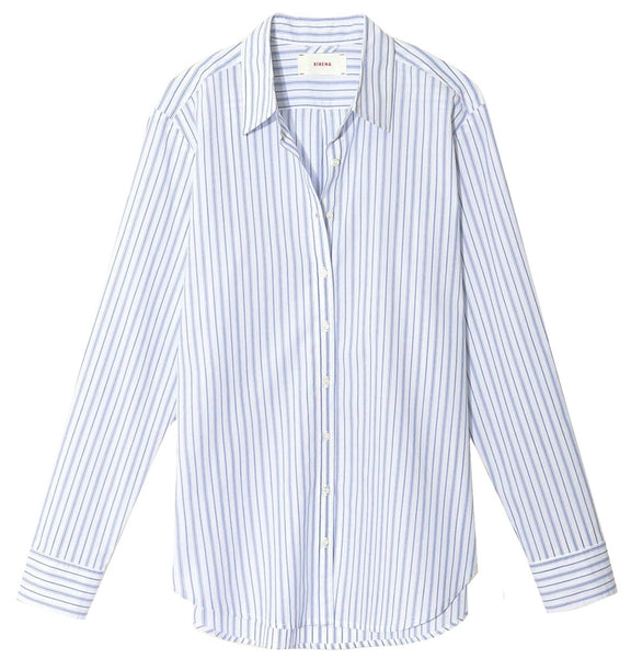 A light blue and white cotton Xirena Beau Stripe button-up shirt with a collar, displayed flat.