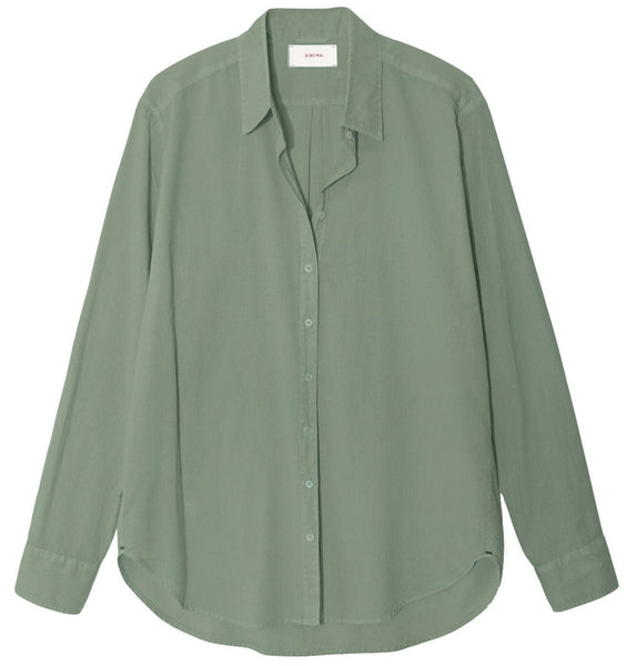 A plain, long-sleeved, olive green oversized fit Xirena Beau Shirt displayed against a white background.